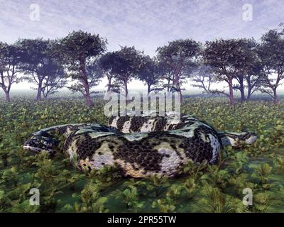 Prähistorische Riesenschlange Titanoboa in einer Landschaft Stockfoto