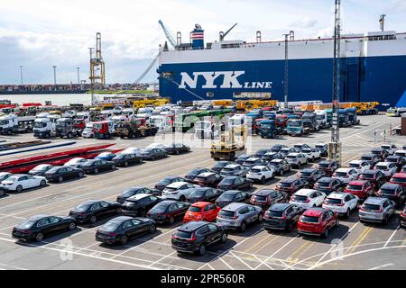 Bremerhaven, Deutschland. 26. April 2023. Autos werden vor dem Autoträger „Leo Leader“ auf dem Gelände des BLG Autoterminals Bremerhaven geparkt. Der Seehafen- und Logistikdienstleister BLG mit Sitz in Bremen hat im vergangenen Jahr trotz zahlreicher Krisen seine Umsätze und Gewinne gesteigert. Kredit: Sina Schuldt/dpa/Alamy Live News Stockfoto