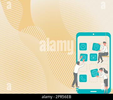 Drei Kollegen mit S Decorating Mobile Application definieren Teamwork. Partner Mit Symbolen, Die Telefonfunktionen Aufbauen, Die Gemeinsame Anstrengungen Darstellen. Stock Vektor