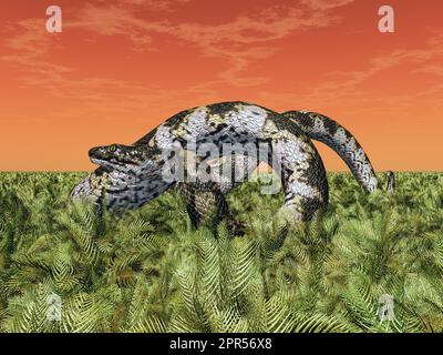 Prähistorische Riesenschlange Titanoboa in einer Landschaft Stockfoto