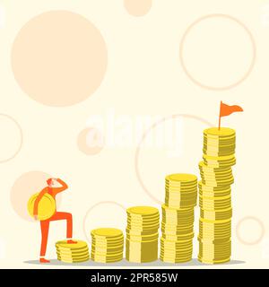 Gentleman Drawing Running Upwards On Stair Steps Of Coins. Man Design Climbing Big Stairs Reaching Goals Showing Progress And Improvement. Stock Vector