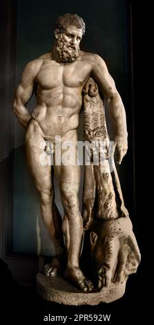 Farnese Hercules 2. Jahrhundert n. Chr. Herkunft Vila de Medici Florenz Galleria degli Uffizien, Italien, Italien, Toskana, 151 cm (Höhe) Carrara-Marmor (Hercules, ruht einen Moment lang von seinen berühmten zwölf Werken, auf einem Club mit Löwenhaut, während seine rechte Hand hinter seinem Rücken, hält die Äpfel, die er im Garten der Hesperiden pflückte, nachdem er die Welt auf seinen Schultern gehalten hatte, an ihn durch Atlas. ) Stockfoto