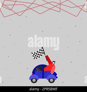 Geschäftsmann Winkt Banner Von Vehicle Racing Auf Dem Weg Zu Erfolgreichen Zukünftigen Fortschritten. Mensch Greift Nach Dem Fahrzeug, Indem Die Flagge Die Ziele Für „Neueste Reise Starten“ Repräsentiert. Stock Vektor
