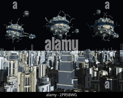 Außerirdische Raumschiffe über einer futuristischen Stadt bei Nacht Stockfoto