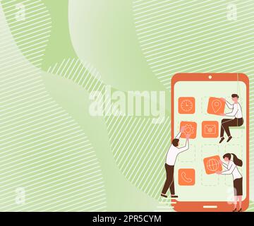 Drei Kollegen mit S Decorating Mobile Application definieren Teamwork. Partner Mit Symbolen, Die Telefonfunktionen Aufbauen, Die Gemeinsame Anstrengungen Darstellen. Stock Vektor