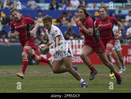 ***NUR FÜR NICHTGEWERBLICHE ZWECKE*** Hong KongHH Stephanie Chan in Aktion gegen Spanien während des WomenHH-Spiels im Cathay Pacific/HSBC Hong Kong Sevens 2023 im Hong Kong Stadium in Hongkong am 01. April 2023. R7. 01APR23SCMP/Elson Li Stockfoto