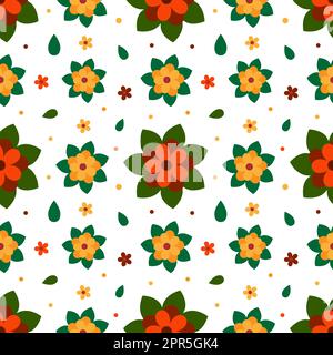 Nahtloses Blumenmuster, nahtloser Blumenmuster auf dem Hintergrund. Dieses Muster hat orangefarbene Blumen mit grünen Blättern Stockfoto