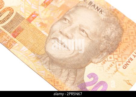 Nelson Holilala Mandela steht auf südafrikanischem Geld 20 Rand Banknote Makro. Präsident von Südafrika Stockfoto