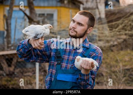 Ein zufriedener Bauer von europäischem Aussehen, ein Mann mit Bart, in Overalls, hält sich an Arm und Schulter und sieht sich den Haushalt der weißen Zwerghühner an Stockfoto