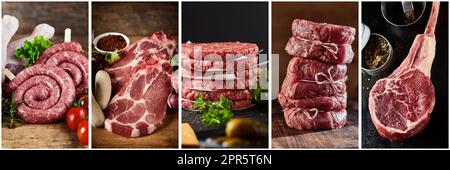 Kollage von rohem Fleisch in der Küche Stockfoto