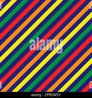 Farbstreifen rot, orange, gelb und grün auf dunkelblauem Hintergrund. Muster diagonaler Streifen nahtlos für Grafik-Design, Stoff, Textil, Mode. Stockfoto