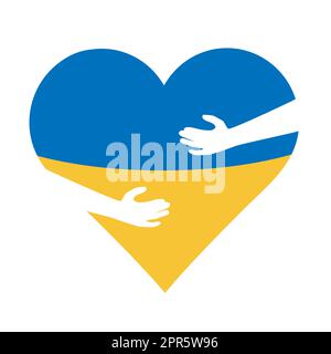 Hände umarmen blau gelb Herzform. Farben der Ukraine Flagge Symbol-Design. Kein Krieg, betet für die Ukraine. Vektorgrafik Stockfoto