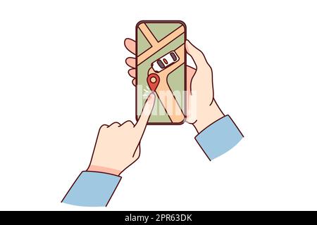 Person, die die Position des Smartphone-Taxifahrers auf GPS auf einem modernen Gerät hält. Der Kunde prüft den Lieferservice auf der Mobiltelefonanwendung. Vektor-Illustration Stockfoto