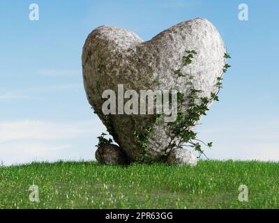 3D-Rendering des felsigen Herzen teilweise von Efeu bedeckt, stehend auf grasbewachsenen Hügel gegen den blauen Himmel Stockfoto