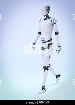 3D Rendering einer lächelnden android-Roboter Frau zu Fuß. Bläulicher Hintergrund. Künstliche Intelligenz oder virtuelles Assistentenkonzept. Stockfoto