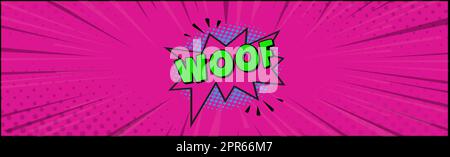 Comic-Zoom-Inschrift WOOF auf einem farbigen Hintergrund - Vektor-Illustration Stockfoto