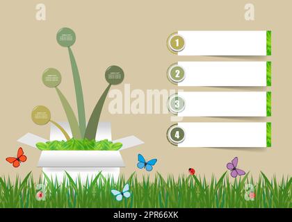 Ökologische Infografiken Vektor zeigt Grafik von vier Kreis wachsen aus dem Feld und vier Rechtecke bereit für Ihren Einsatz. Stockfoto