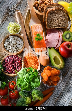 Lebensmittel, die für die Schwangerschaft empfohlen werden. Gesunde Ernährung Stockfoto