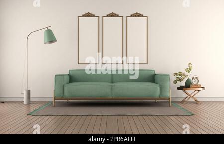 Postermockup im eleganten Wohnzimmer mit grünem Sofa an der weißen Wand - 3D Rendering Stockfoto