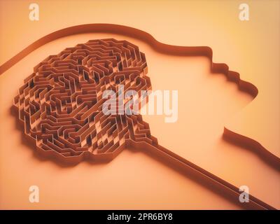 3D Illustration, Gehirn geformtes Labyrinth. Konzeptbild von Studie und Gehirnverhalten. Stockfoto