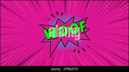 Comic-Zoom-Inschrift WOOF auf einem farbigen Hintergrund - Vektor-Illustration Stockfoto