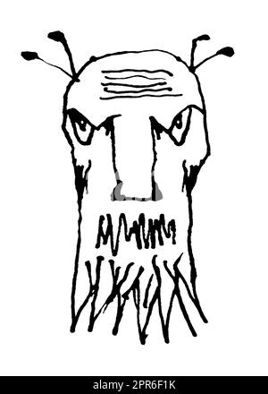 Schwarz-weißer Bleistift zeichnet wütendes Ausdrucksmonster Stockfoto