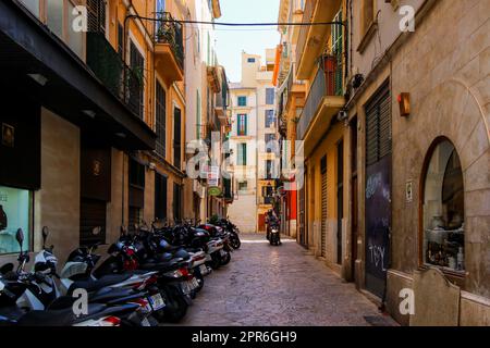 Palma, Mallorca - 5. August 2019 : schmale Straße, umgeben von historischen Gebäuden in der Altstadt von Palma de Mallorca auf der Balearen Stockfoto