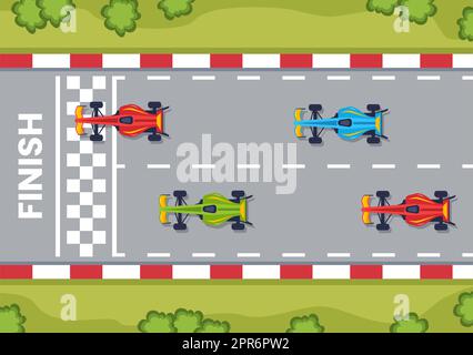 Formula Racing Sport Car Reach on Race Circuit die Ziellinie Cartoon Illustration, um die Meisterschaft in Flat Style Design zu gewinnen Stockfoto