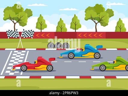 Formula Racing Sport Car Reach on Race Circuit die Ziellinie Cartoon Illustration, um die Meisterschaft in Flat Style Design zu gewinnen Stockfoto