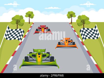 Formula Racing Sport Car Reach on Race Circuit die Ziellinie Cartoon Illustration, um die Meisterschaft in Flat Style Design zu gewinnen Stockfoto