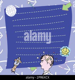 Man Thinking New Creative Ideas Präsentiert Auf Note. Boy Argumentation Wichtige Nachricht Auf Block Geschrieben. Ein Geschäftsmann, Der Auf Notizpoad Ruhmreiche Ankündigungen Präsentiert. Stockfoto