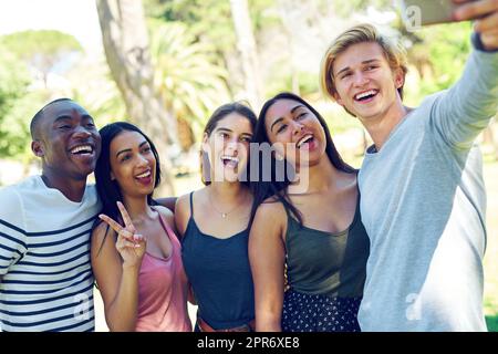 Lächeln Sie alle. Aufnahme einer Gruppe junger Freunde, die im Freien ein Selfie machen. Stockfoto