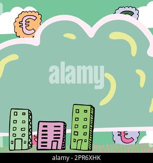 Wichtige Mitteilung In Form Einer Wolke Mit Euro-Schildern Im Hintergrund Und In Gebäuden. Grausame Informationen In Wolkiger Form Mit Symbolen Und Häusern Um Sich Herum. Stockfoto