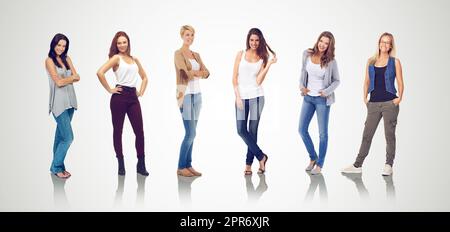 Schönheit, Stil und Selbstvertrauen. Studioaufnahme einer Reihe von sechs jungen Frauen in legerer Kleidung. Stockfoto