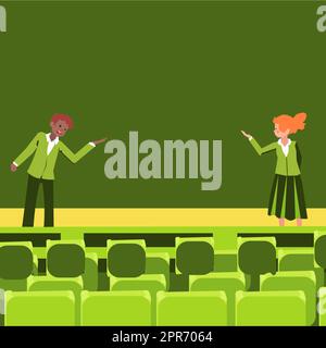 Professionelle Führungskräfte in formeller Kleidung halten Vorträge. Vorbild für Mitarbeiter in der Einführungsphase für öffentliche Vorträge sein. Männliche und weibliche Diskussionsrunde. Stock Vektor