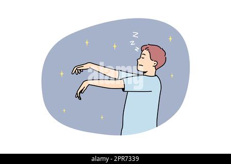 Mann im Schlafanzug bei Nacht. Junger Mann schläft im Pyjama und geht im Schlaf. Vektorgrafik. Stockfoto