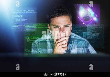 Es war nur eine Frage der Zeit. Ausgeschnittene Aufnahme eines hübschen jungen Hackers bei der Arbeit. Stockfoto