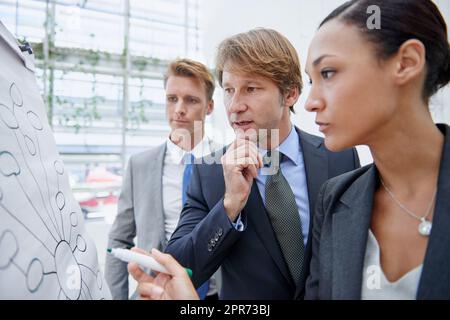 Denken Sie an Möglichkeiten, ihre Ziele zu erreichen. Eine Geschäftsfrau, die ein Diagramm auf einem Flipchart zeichnet, während ihre Kollegen dazustehen. Stockfoto