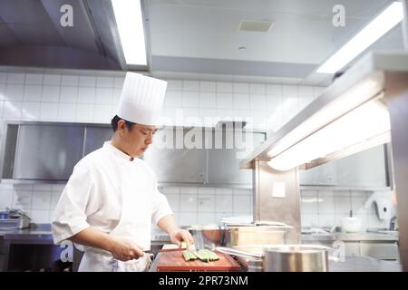 Hes ist ein Sushi-Spezialist. Aufnahme von Köchen, die in einer professionellen Küche einen Essensservice zubereiten. Stockfoto