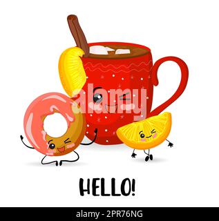 Guten Morgen. Tasse Tee und Brötchen. Süße Cartoon-Kawaii-Figuren auf weißem Hintergrund. Stockfoto