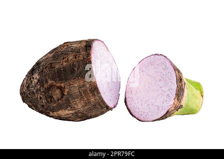 Taro-Wurzel und -Schicht isoliert auf weißem Hintergrund. Stockfoto