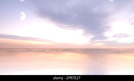 Magischer Blick auf den Mond, der über dem Meer aufgeht, mit einer Wolkenlandschaft über dem Horizont bei Sonnenuntergang. Ruhiges Meereswasser unter einem atemberaubenden und farbenfrohen Himmel. Majestätische und friedliche Meereslandschaft für Sommerurlaube Stockfoto