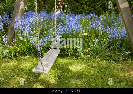 Alte Holzschaukel in einem Garten mit blauen Blumen und Moos in einem üppigen Garten. Friedliche Szene eines vergessenen Spielplatzes mit lebhaften wilden Blauen Glocken und überwuchertem Rasen im Frühling mit Kopierplatz Stockfoto