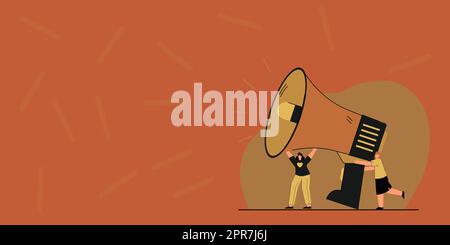 Gruppe Von Zeichnern, Die Ihre Megaphone In Der Chat Cloud Halten Und Ideen Austauschen. Zeichnung Von Mob-Linien, Die Sich Gegenseitig Neue Ankündigungen Machen. Stock Vektor