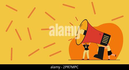 Gruppe Von Zeichnern, Die Ihre Megaphone In Der Chat Cloud Halten Und Ideen Austauschen. Zeichnung Von Mob-Linien, Die Sich Gegenseitig Neue Ankündigungen Machen. Stock Vektor