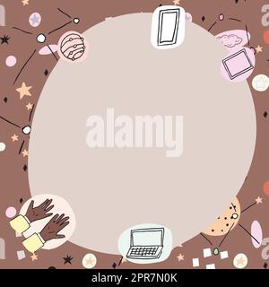 Leeres Poster mit modernen Technologiesymbolen. Leerer Rahmen umgeben von mehrfarbigen Laptop-Mobiltelefonen, die Wissenschaft und Technologie darstellen. Stock Vektor