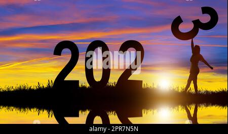 Fröhliche Weihnachten und frohes neues Jahr 2023 in Silhouette. Stockfoto