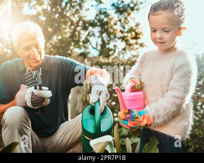 Es gibt keine Gartenfehler, nur Experimente. Aufnahme eines entzückenden kleinen Mädchens, das mit ihrem Großvater im Garten arbeitet. Stockfoto