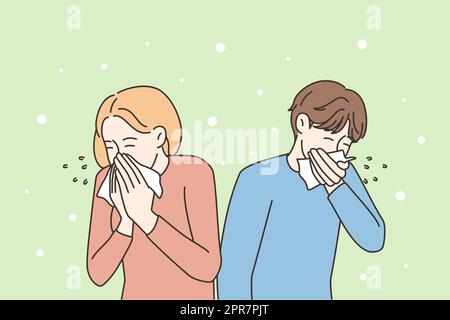 Ungesunde Männer und Frauen, die Nase blasen, leiden an Grippe oder Erkältung. Kranke Menschen haben gesundheitliche Probleme, haben Grippe oder covid-Symptome. Vector illu Stockfoto