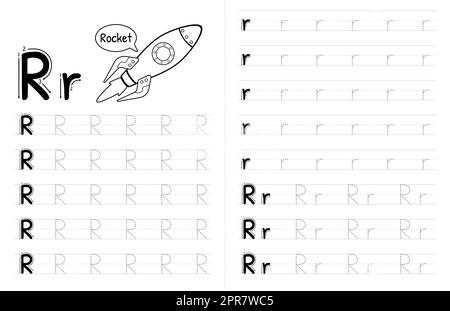 Innenausstattung mit ABC-Buchstaben und Pünktchenbuch für Kinder. Kinder Schreiben Arbeitsblatt Mit Bild. Premium Vector Elements Buchstabe R. Stockfoto